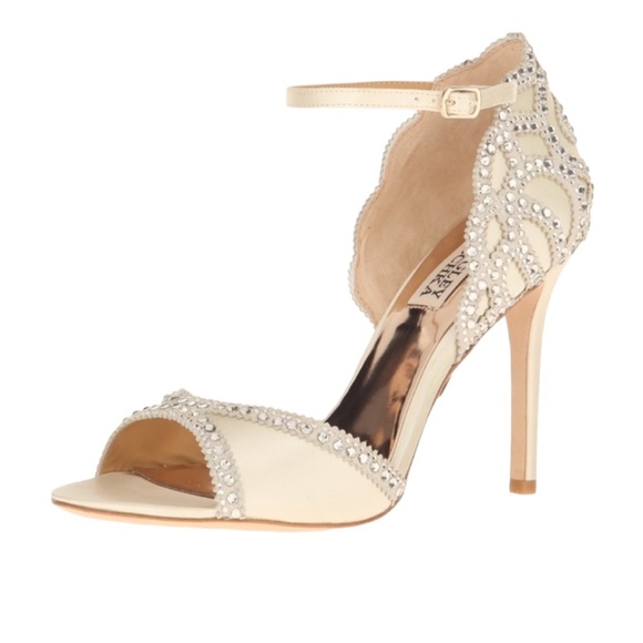 Badgley Mischka Roxy Ivory Satin Open Toe Ankle Strap Heels Size 9 Reg. $235 - Picture 1 of 12